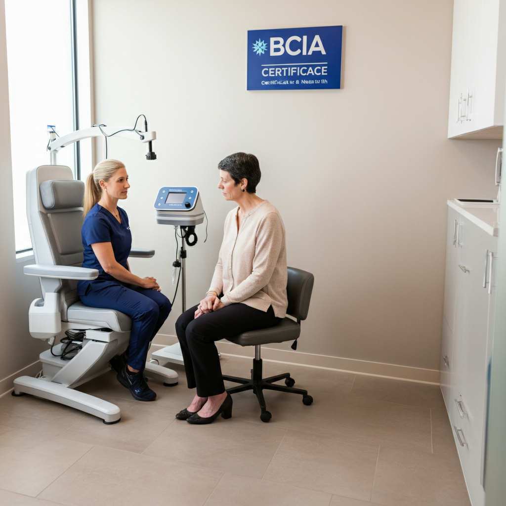 patient sitting with neurofeedback practitioner